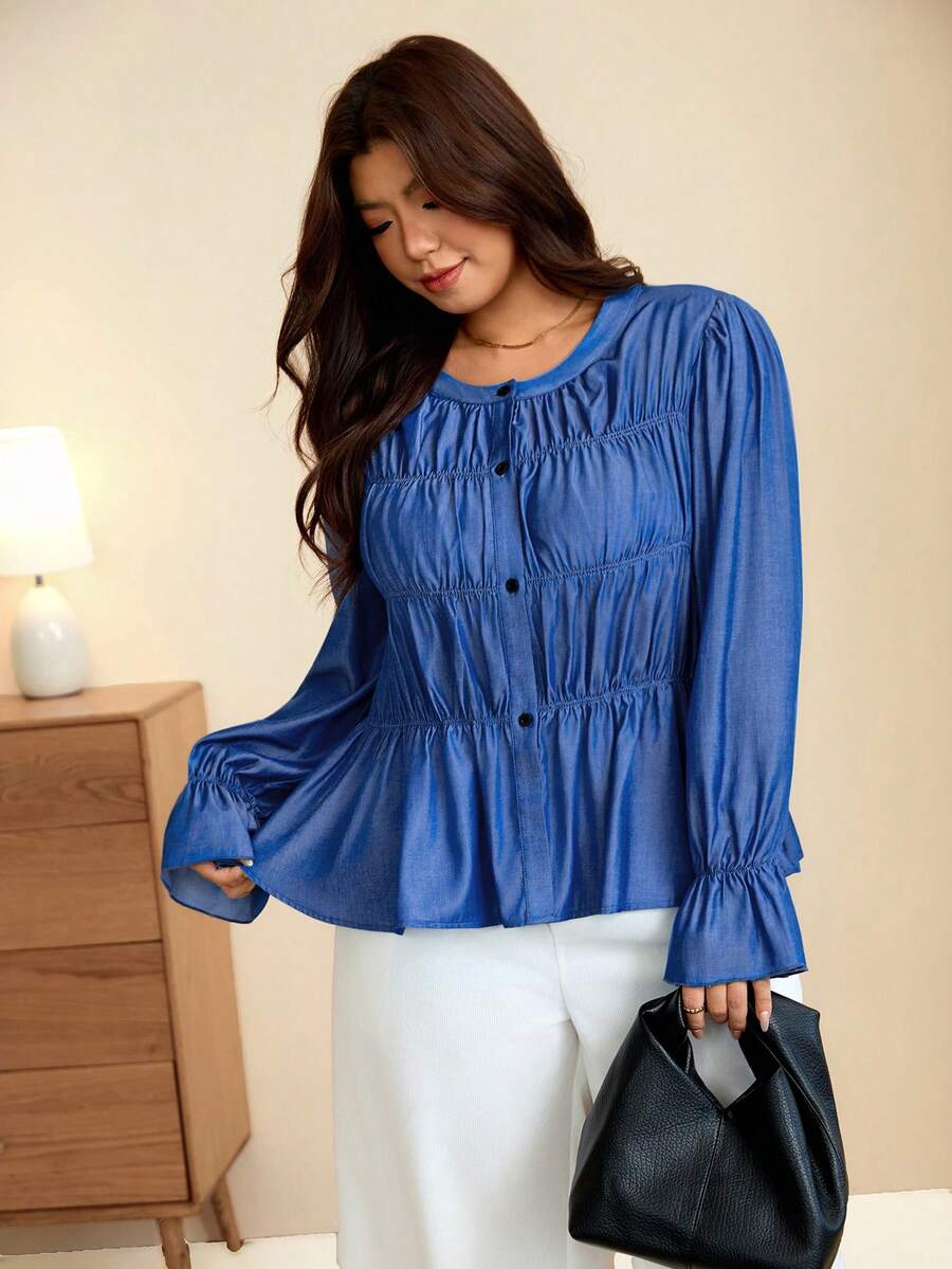 Edennvi Plus Size Round Neck Multi-Layer Ruffle Blouse For Women, Front Button Flared Long Sleeve Cropped Waist Top, Autumn Office Formal Royal Blue Casual - Blue - View 1