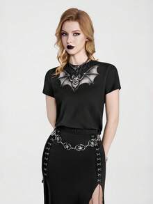 Breakform Casual Versatile Bat Pattern Crew Neck Punk T-Shirt - Black - View 1