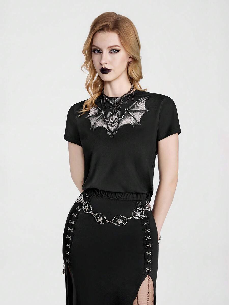 Breakform Casual Versatile Bat Pattern Crew Neck Punk T-Shirt - Black - View 1