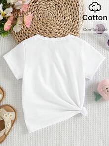 女童幼兒春夏秋時尚創意清新極簡粉紫色蝴蝶結圖案印花休閒基礎短袖T恤，舒適日常穿著 - 白色 - 查看 2