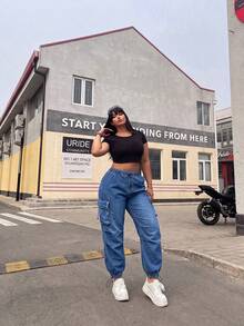POPSWAY Plus Size Casual Solid Color Multi-Pocket Drawstring Cargo Pants - Multicolor - View 3