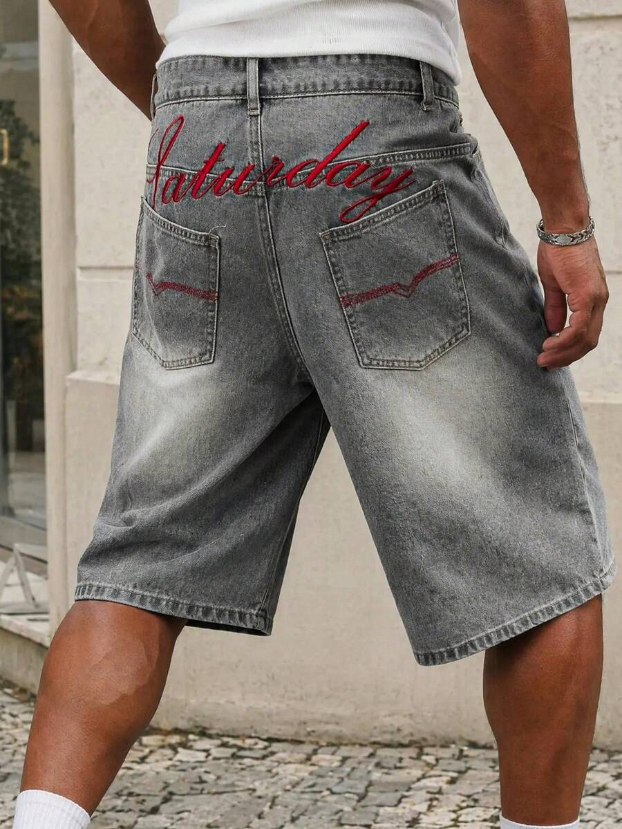 Manfinity EZcore Plus Size Men's Denim Embroidered Wide Leg Shorts - Light Grey - View 1