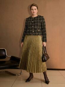 MOTF PREMIUM PLUS FASHIONABLE BRIGHT METALLIC GOLD PLEATED MID-LENGTH SKIRT FOR WOMEN FALL - Gold - View 6