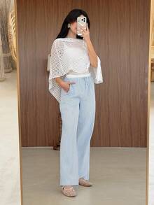 Yasmeen Edit Yasmeen Edit Celana Panjang Wanita Kasual Bergaris Biru Tenun dengan Potongan Lebar dan Longgar untuk Musim Panas - Blue and White - View 4