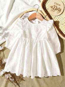 SHEIN LMoss Kids 女婴可爱优雅白色花卉刺绣荷叶边连衣裙 - 白色 - 查看 3