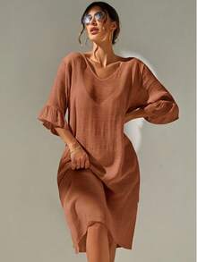 Swim Basics Robe de plage à volants de couleur unie - Taupe - Voir 3