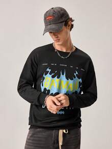 Strevion Men's Casual Batman Blue Flame Print Graphic Crew Neck Long Sleeve Sweatshirt, Spring/Autumn - Black - View 4