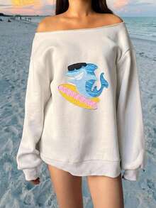 SHEIN EZwear 女款露肩寬鬆休閒長袖運動衫，鯊魚印花，海灘風 - 白色 - 查看 9
