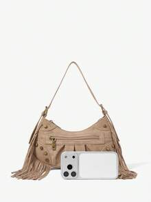 Viva Strut Tas Bahu Wanita Modis Warna Khaki dengan Rumbai Bahan Suede, Desain Resleting, Sederhana dan Serbaguna, Cocok untuk Penggunaan Sehari-hari, Belanja, Sekolah, dan Festival Musik - Khaki - View 5
