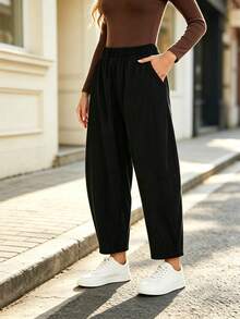 SHEIN LUNE Women's Autumn/Winter New Vintage Black Corduroy Carrot Pants, Elastic Waist Split Patchwork Loose Hip-Covering Slimming Ankle-Length Harem Casual Pants - Black - View 3