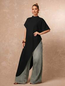 Lumalex Women's Solid Color Asymmetrical Hem Top - Black - View 6