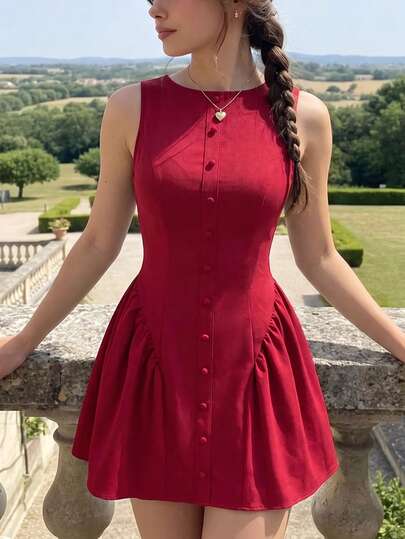 SHEIN MOD Women's Solid Color French Elegant Button Pleated Round Neck Dress,Going Out, Graduation Dress,Birthday,Vacation,Red Dress,Party