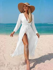 Swim Lushoire Women's Floral Placement Print Cover Up With Detachable Belt, Beach Party Vacation Kimono Cover-Up - White - View 2