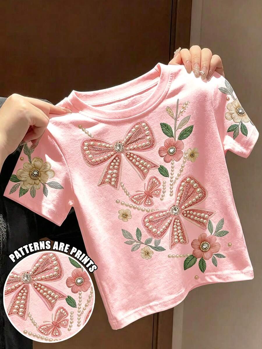 Young Girl Young Girl Young Girl 粉色蝴蝶結壓花 T-shirt,波希米亞野花植物印花復古植物風 T-shirt,馬卡龍色 - 彩色 - 查看 1