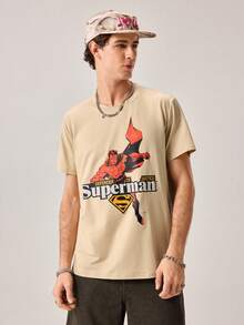 Strevion SUPERMAN 男士极简主义超人红色印花圆领短袖T恤，夏季 - 卡其色 - 查看 4