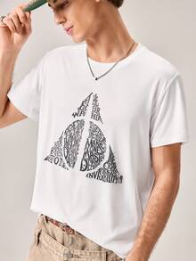Strevion Harry Potter 男士简约哈利波特黑色三角形Logo印花圆领短袖T恤，夏季款 - 白色 - 查看 8