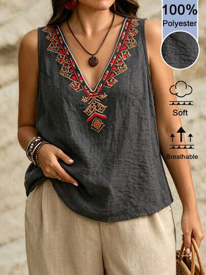Linhara CURVE Plus Size Women's V-Neck Embroidered Pattern Casual Daily Top