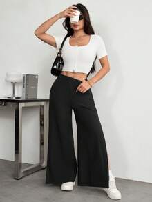 SHEIN PETITE 女款時尚棉混紡通勤長褲，側開衩延伸至大腿 - 黑色 - 查看 10