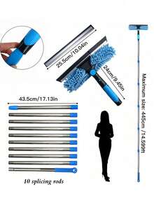 2-In-1 High-Rise Window Cleaning Kit With 10 Extension Rods For High-Rise Glass Wipe And Scraper, Reusable Microfiber Pad, No Power Required, Machine Washable, Ideal Mother's Day Gift - Multicolor - View 13