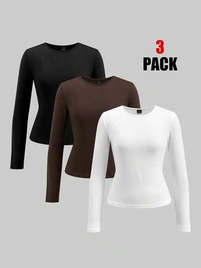 SHEIN Clasi Conjunto de 3 camisetas de mujer de unicolor, ajuste ceñido, versátiles para uso diario