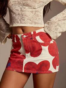 Athîral Denim Rok Mini Denim Seksi Wanita dengan Motif Bunga dan Kantong Kancing - Merah - View 5