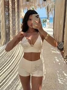 Sunnyshic Summer 2pcs Solid Color Thin Strap Tank Top And Hipster Panty Set, Elegant Sexy Women's Outfit Beach White - Apricot - View 1