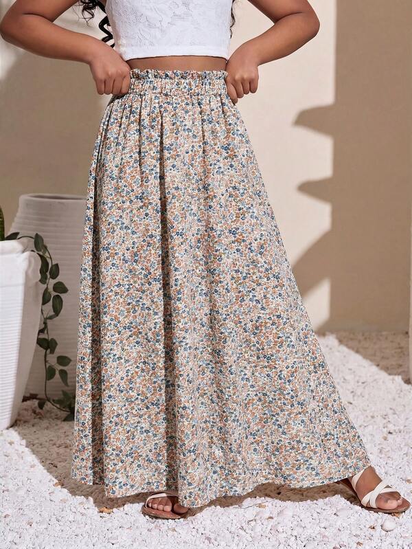SHEIN חצאית ארוכה בינונית עם הדפס פרחים קלועה בסגנון בוהו רך וחמוד לנערות גיל ההתבגרות, יומיומית לחופשה, בצבע בז' לסתיו