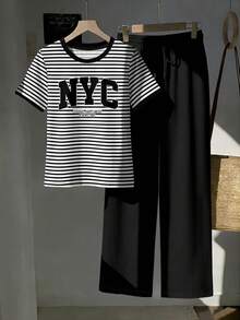 SHEIN EZwear 女款字母條紋拼色印花圓領短袖T恤與抽繩腰口袋長褲兩件套 - 彩色 - 查看 3