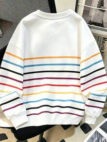 Resyla Women's Colorful Striped Drop Shoulder Loose Crew Neck Sweatshirt - White - View 2