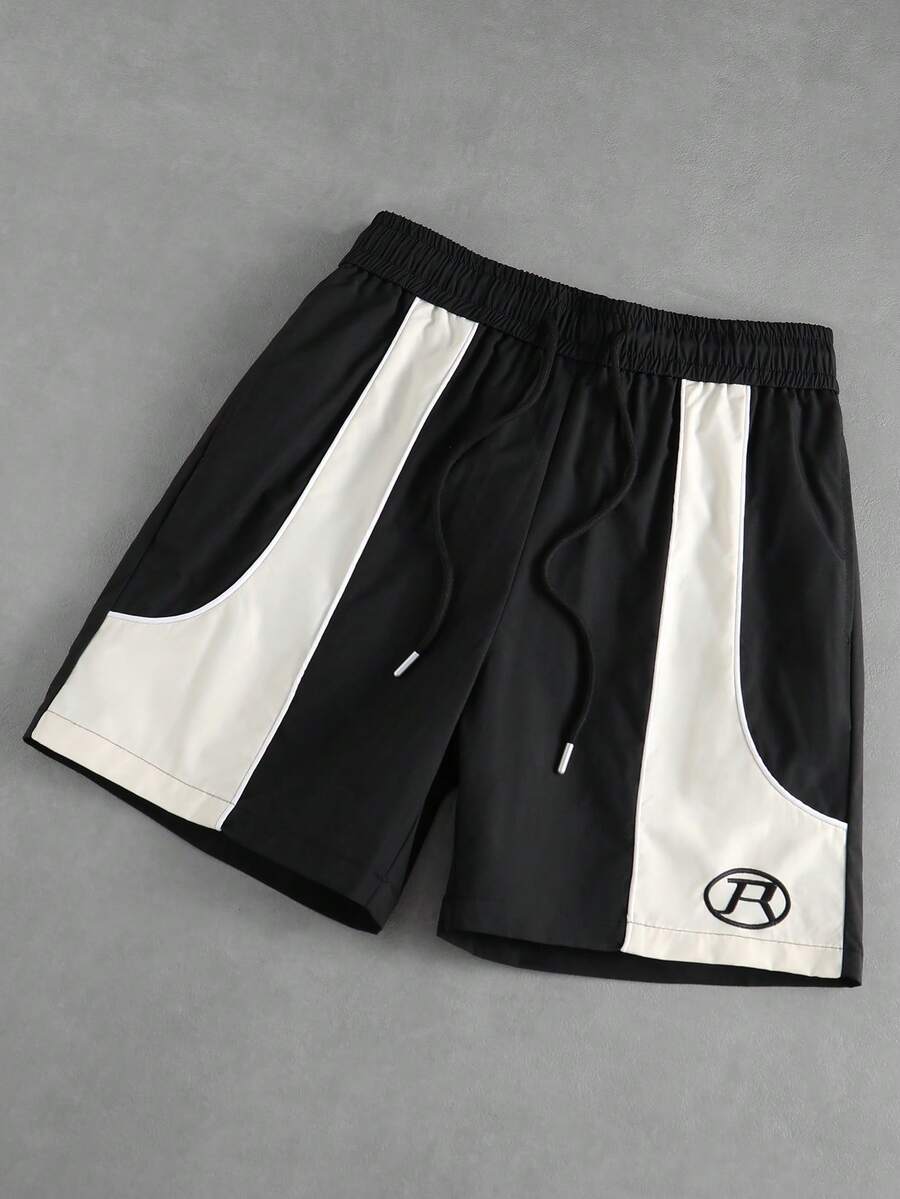ROMWE MEN Pantalones cortos casuales de uso diario con cintura de cordón y bloques de color para hombres - Negro - Ver 1