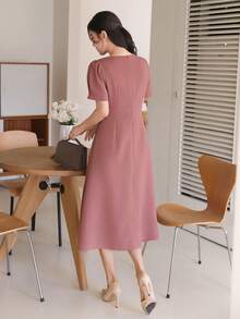 DAZY Women Solid Color Asymmetric Square Neck Long Casual Dress, Suitable For Office Wear SunDress - Pink - View 3