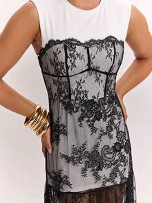 SHEIN BAE 春夏純黑色無袖拼接蕾絲女款長洋裝 - 黑與白 - 查看 5