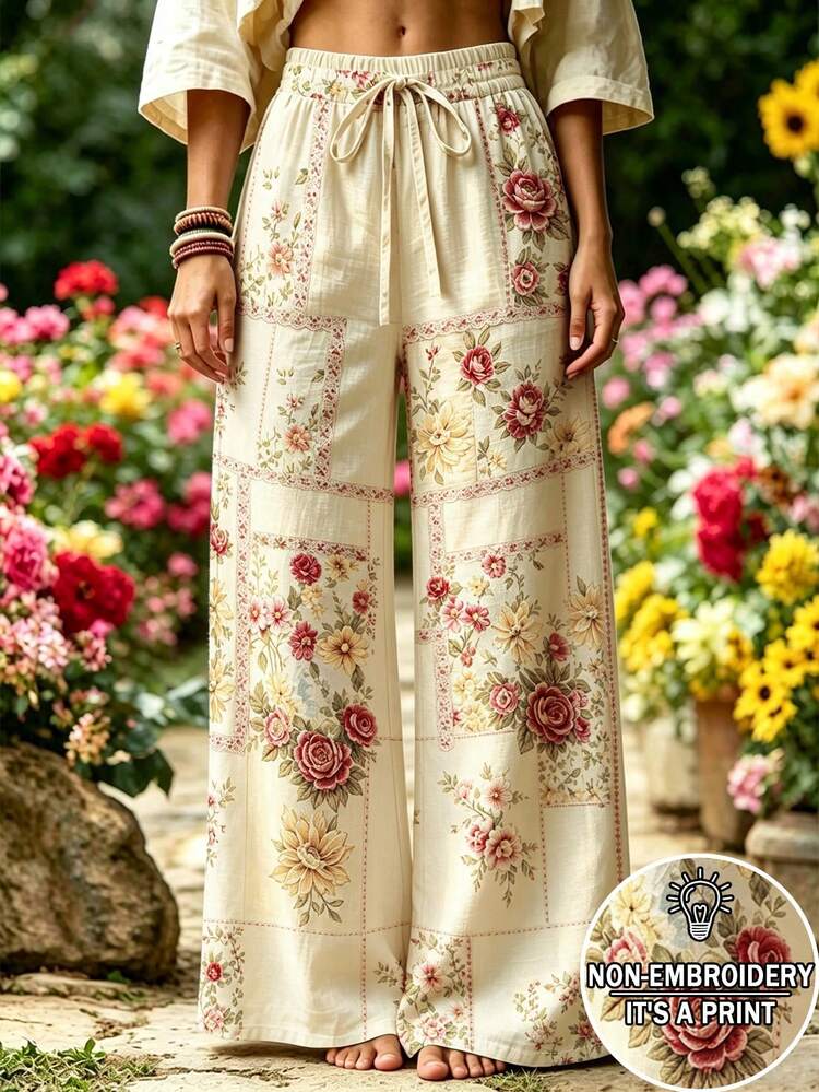 Selamara Bohemian Vacation Style Khaki Textured Casual Long Pants, Loose High Waist Elastic Waist Drawstring Draped Straight Leg Pants, Beach Casual Vacation Travel Wide Leg Pants - Multicolor - View 1