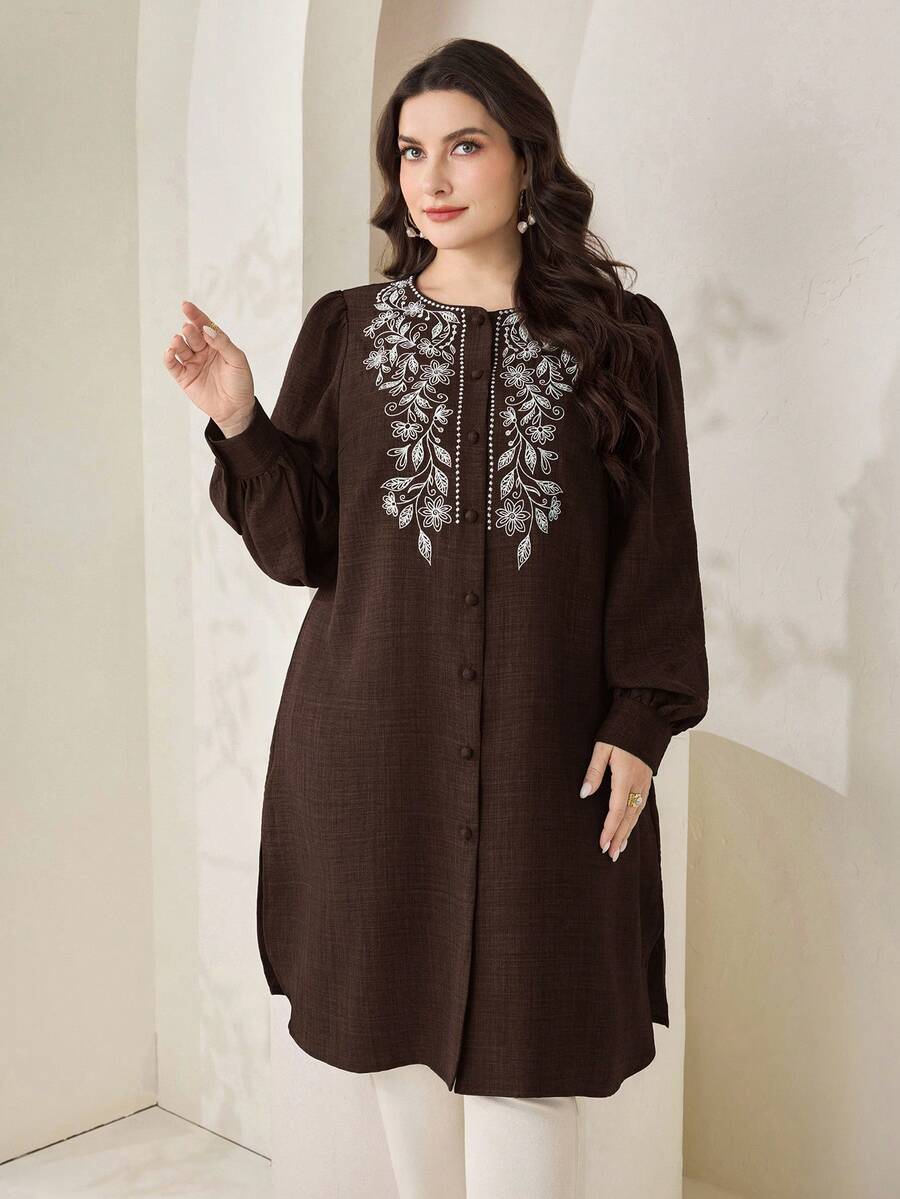 Veilorie Plus Size Women's Floral Embroidered Round Neck Long Sleeve Single-Breasted Long Shirt Vacation Homewear Fall Elegant - Coffee Brown - View 1