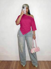 Slaydiva 2026 Spring/Summer Women's Plus Size Solid Color Asymmetrical T-Shirt - Hot Pink - View 3