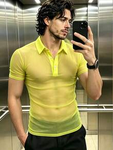 Manfinity Dauomo Men's Solid Color Mesh Sheer Casual T-Shirt - Yellow - View 1