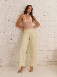 lacRébo Cream White Mid-Rise Relaxed Staight Leg Jeans With Five-Pocket Construction Cotton Brunch Summer Casual - Light Yellow - View 5