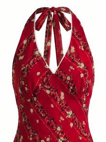 lacRébo Vintage Red Midi Dress With Diagonal Floral Print, Halter Neckline, And Open Back Elegant Style Chic - Red - View 9