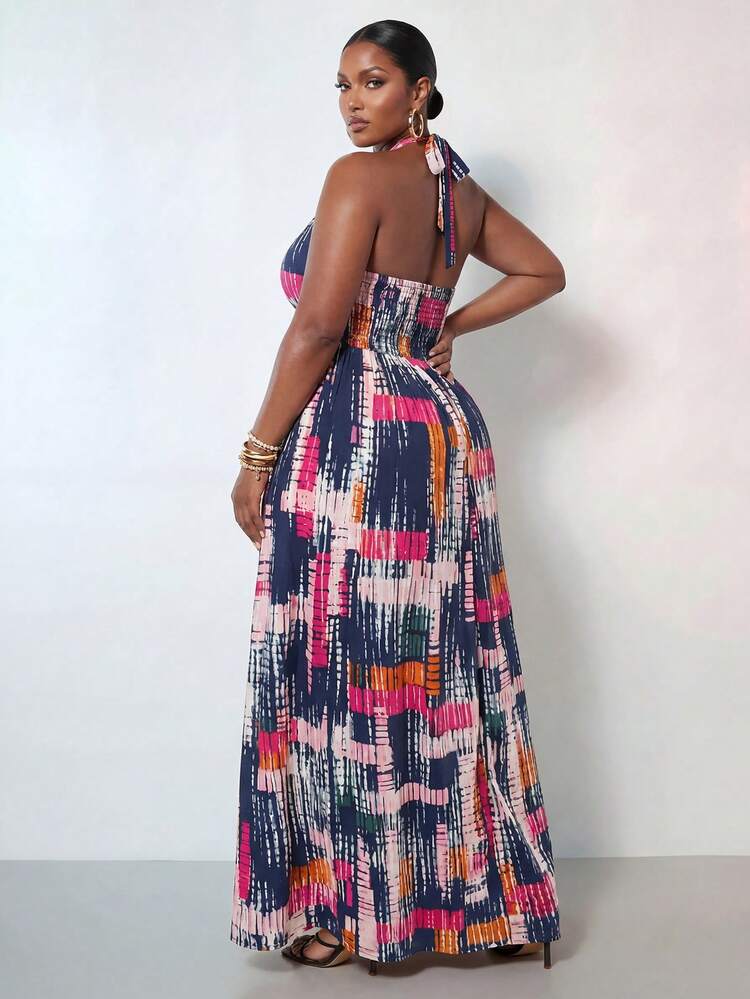 Zivah Plus Size Navy Blue Summer Boho Vacation Holiday Sleeveless Halter Tie Waist A-Line Maxi Dress,Batik Elements Woven Fabric Bohemian Beach Outfit - Multicolor - View 5