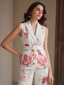 Anewsta Elegant Urban Chic Vintage Floral & Striped Print Lapel Sleeveless Vest With Belt + High-Waisted Draping Long Suit Pants, Women's Suit Set - Multicolor - View 6