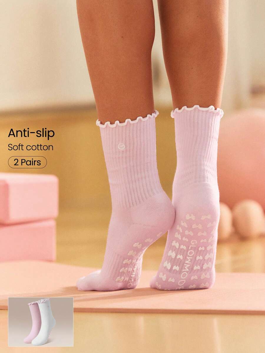 GLOWMODE 2-Pair Cotton Blend Powerhouse Pilates Grip Socks With Lettuce Trim & Anti-Slip Grips Daily Active Studio Wear - White + pink. - View 1