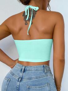 BamGleam Women Sleeveless Solid Color Spaghetti Strap Backless Hollow Ribbed Cropped Tank Top - Baby Blue - View 2