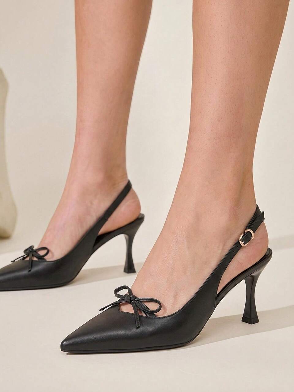 CUCCOO CHICEST Women's Front Bow Back Strap High Heels, Pointed Horn Middle Heel Shoes, Elegant Black Imitation Leather Fashion Shoes, Workplace Dating Daily