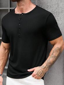 Manfinity Homme 男士半開襟鈕扣短袖圓領T恤，黑色短袖T恤，羅紋紋理面料，親膚柔軟舒適，修身剪裁，基礎百搭風格，休閒舒適多功能，適合外出、街拍、居家、旅行、度假、日常穿著等 - 黑色 - 查看 5
