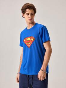 Strevion Men's Minimalist Superman Diamond Pattern Printed Round Neck Short Sleeve T-Shirt, Summer - Royal Blue - View 5