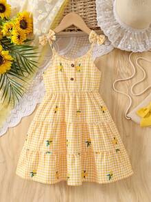 SHEIN Elladie kids 女童休閒黃色檸檬格紋印花蝴蝶結肩帶蛋糕裙，幼童夏季洋裝，可愛休閒舒適甜美優雅套裝，適合日常上學、出遊、度假、派對、海灘玩耍、假日春夏季穿著，柔軟面料 - 黃色 - 查看 4