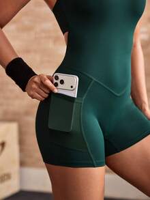 Powerista Women's Summer Color-Block (Green And Yellow) Halter-Neck Backless Fitted Athletic Romper With Side Pockets-Suitable For Workouts. - Dark Green - View 6