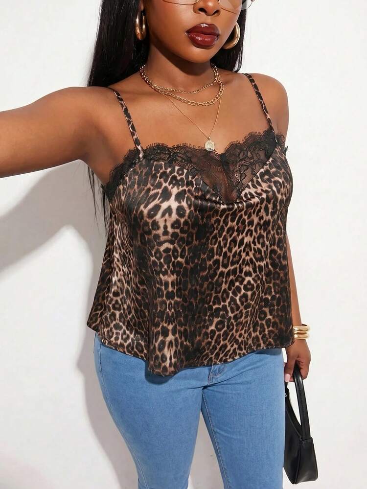 SHEIN SXY Women's Plus Size Leopard Print Satin Fabric Patchwork Lace Cami Top,Brown Summer Classy Country Night Out Club, Elegant Vintage Party - Multicolor - View 4