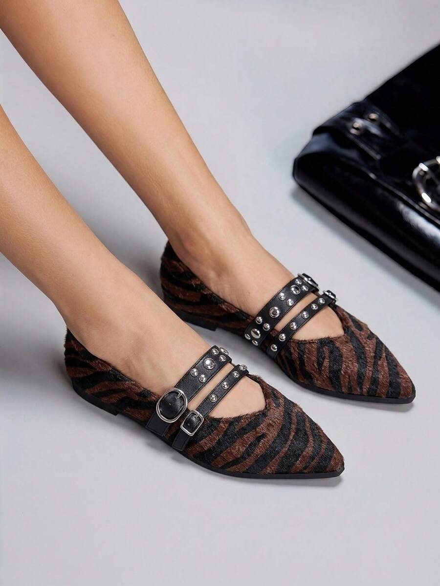 CUCCOO GRLICON Women's Pointed Toe Buckle Design Zebra Print Flat Casual Shoes, Motorcycle Style Outfit For Cool Girls, Suitable For Spring/Summer, Vacation, Travel, 2000s Style - Multicolor - View 1