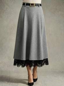 Franclia Grey Lace Patchwork A-Line Skirt, High Waist Slimming, Elegant For Commute And Everyday Wear, Autumn/Winter - Grey - View 1